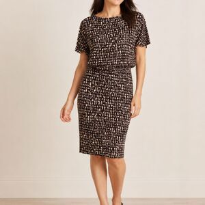 NIC+ZOE Abstract Print Stretch Knit Knee Dress Size PM Black Tan Lined